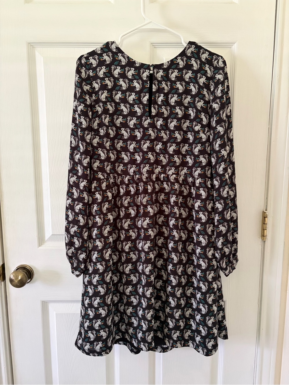 LOFT Black Long-Sleeve Squirrel Printed Tiered Dress